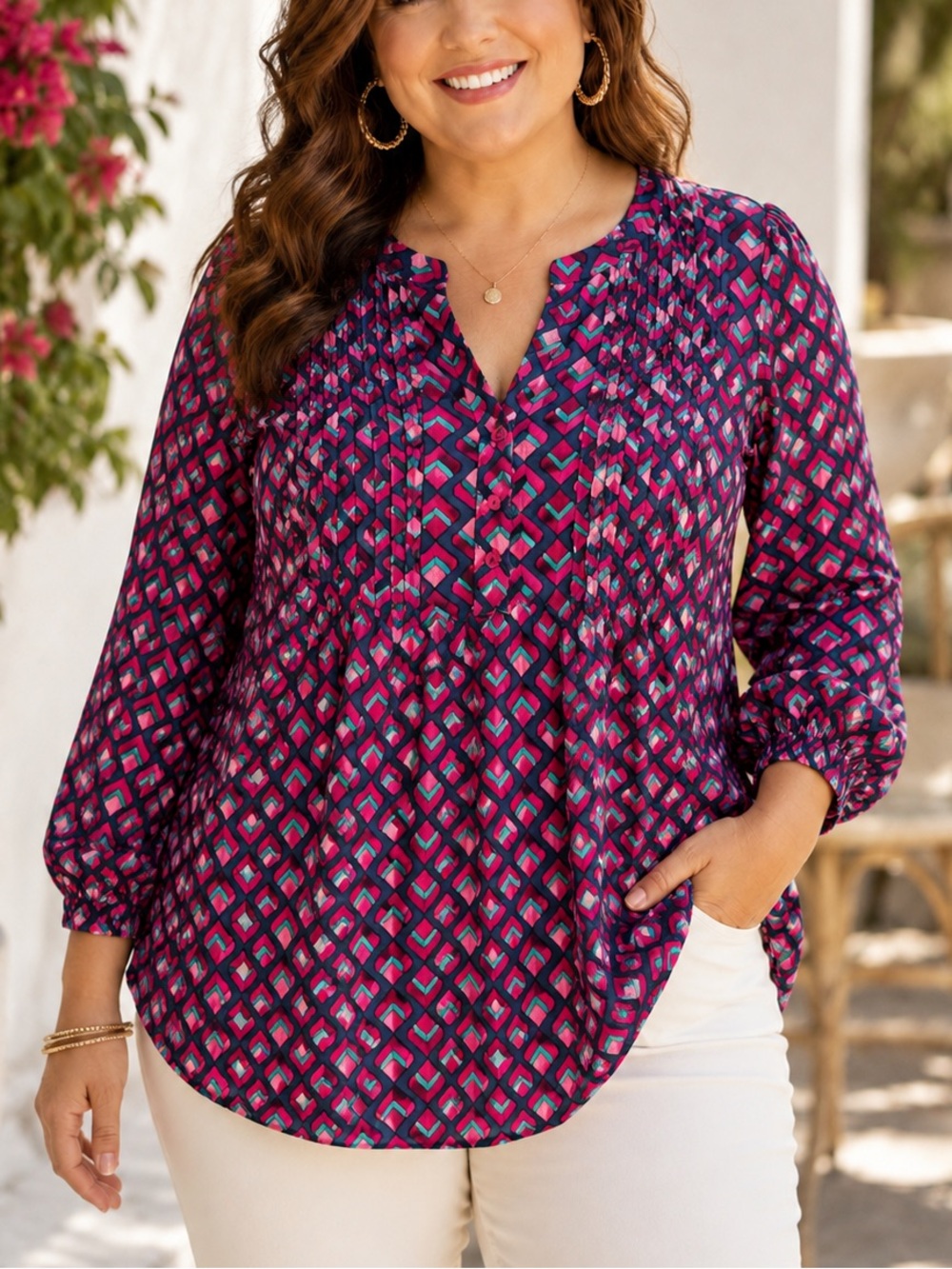 Terra & Sky Pink and Purple Geometric Pintuck Peasant Top